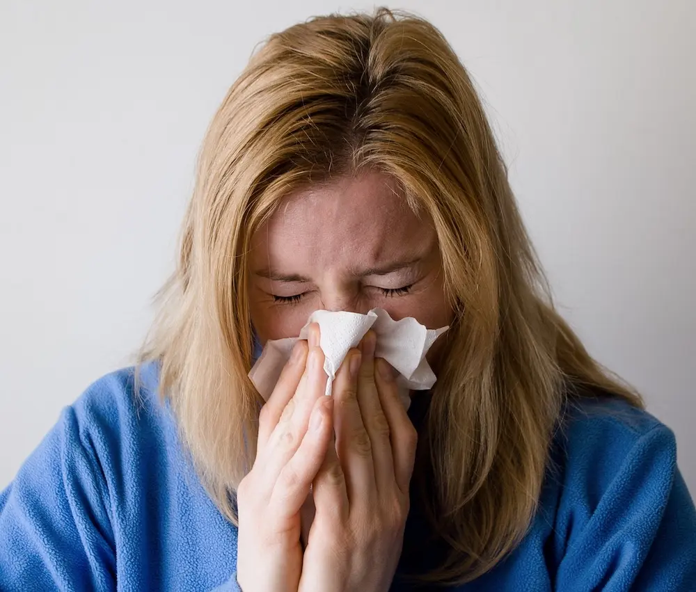 Eine Frau mit Symptomen einer Allergie: Heuschnupfen mit Niesreiz